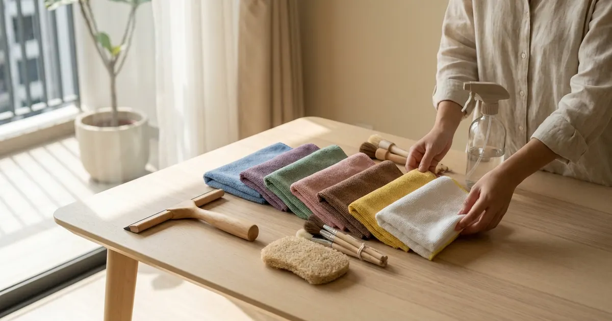 Colour-coded microfibre cloths, a squeegee, a scrub pad and detail brushes laid out neatly