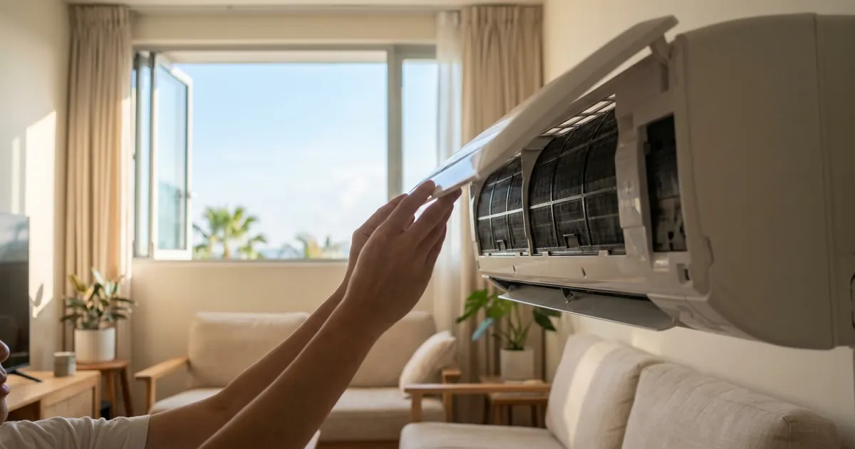 Hands lifting an aircon's front panel to check the filters on a sunny day