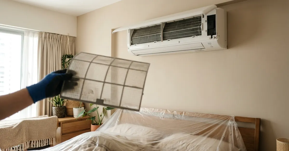 An open aircon indoor unit with its filter removed during servicing