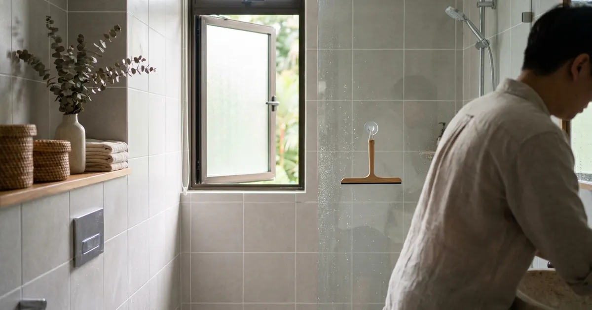 A clean, ventilated bathroom with fresh grout and a squeegee on the shower glass