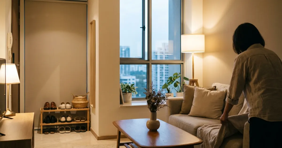A tidy living room and entryway after a quick evening reset