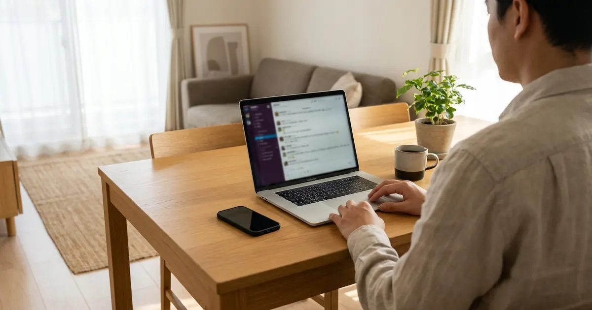 A laptop showing a chat assistant on a dining table in a tidy apartment