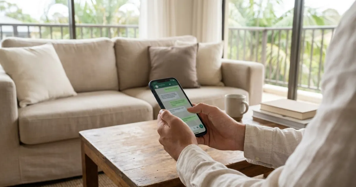 Hands holding a phone with a chat open, in a bright living room
