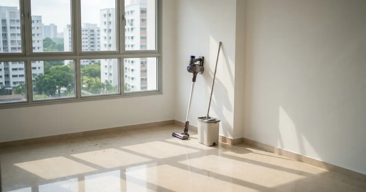 A new, empty BTO flat with a vacuum and mop ready for the first clean