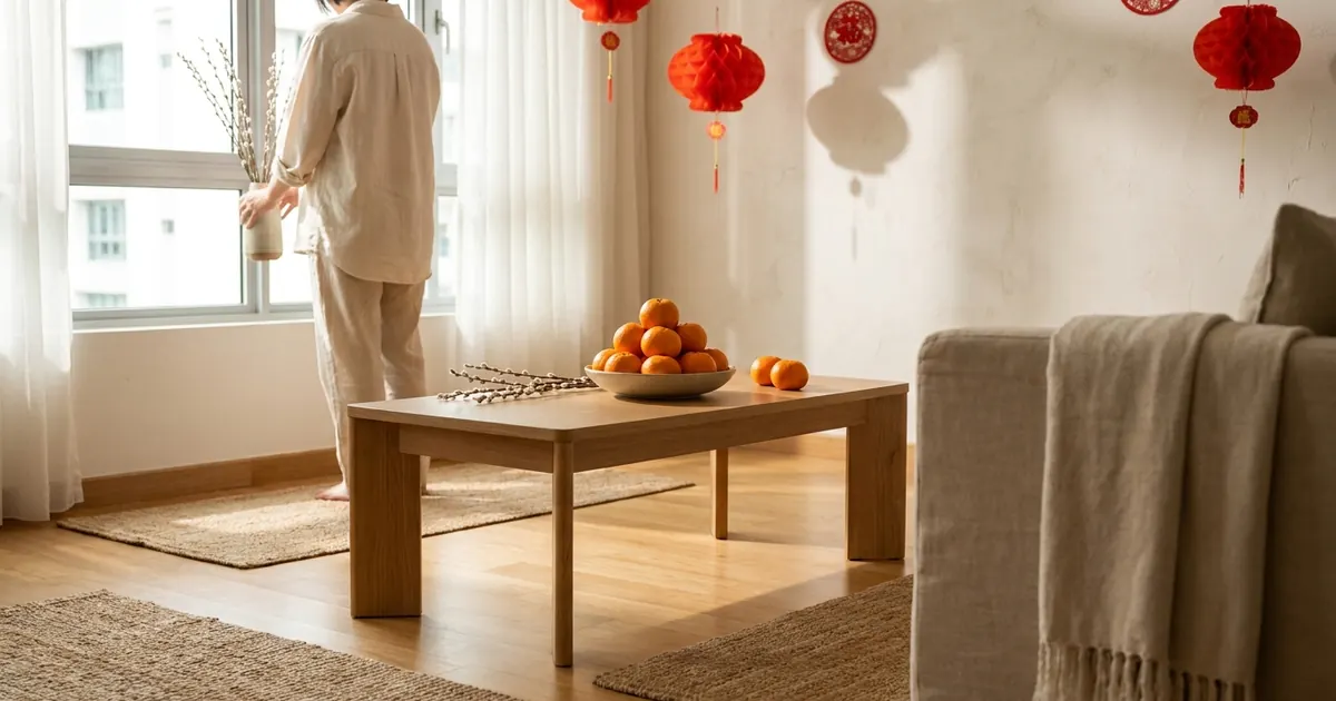 A clean living room with red decorations and mandarin oranges for Chinese New Year