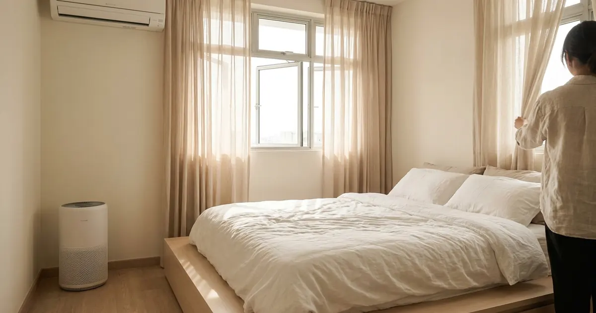 A fresh bedroom with clean bedding and an air purifier