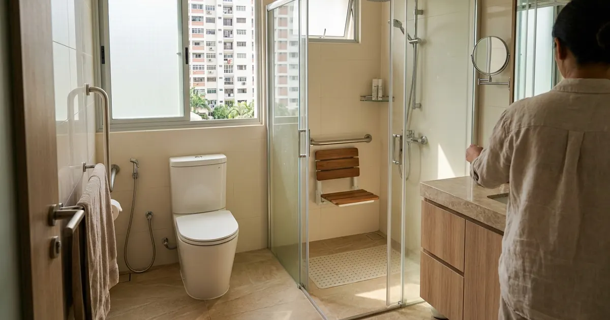 A clean bathroom with grab bars and a non-slip floor for an older person