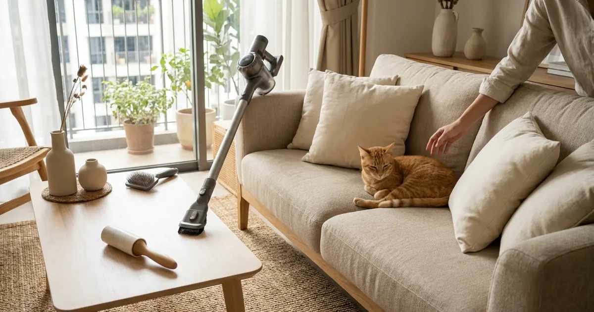 A cat on a clean sofa beside a lint roller and a vacuum with a pet brush