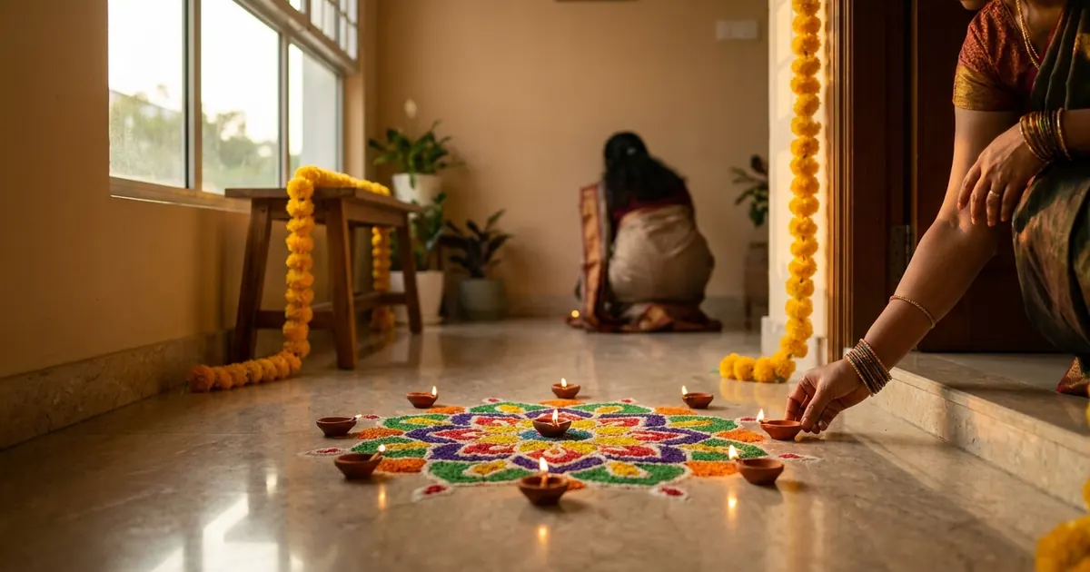 A clean home entrance with a kolam and lit oil lamps for Deepavali