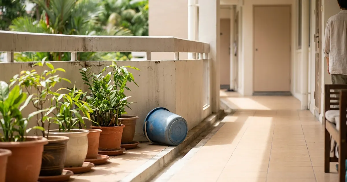 Potted plants with dry plates and an upturned pail outside a Singapore flat