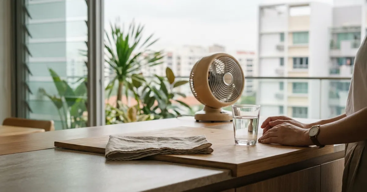 A glass of water and a folded cloth on a kitchen counter beside a fan