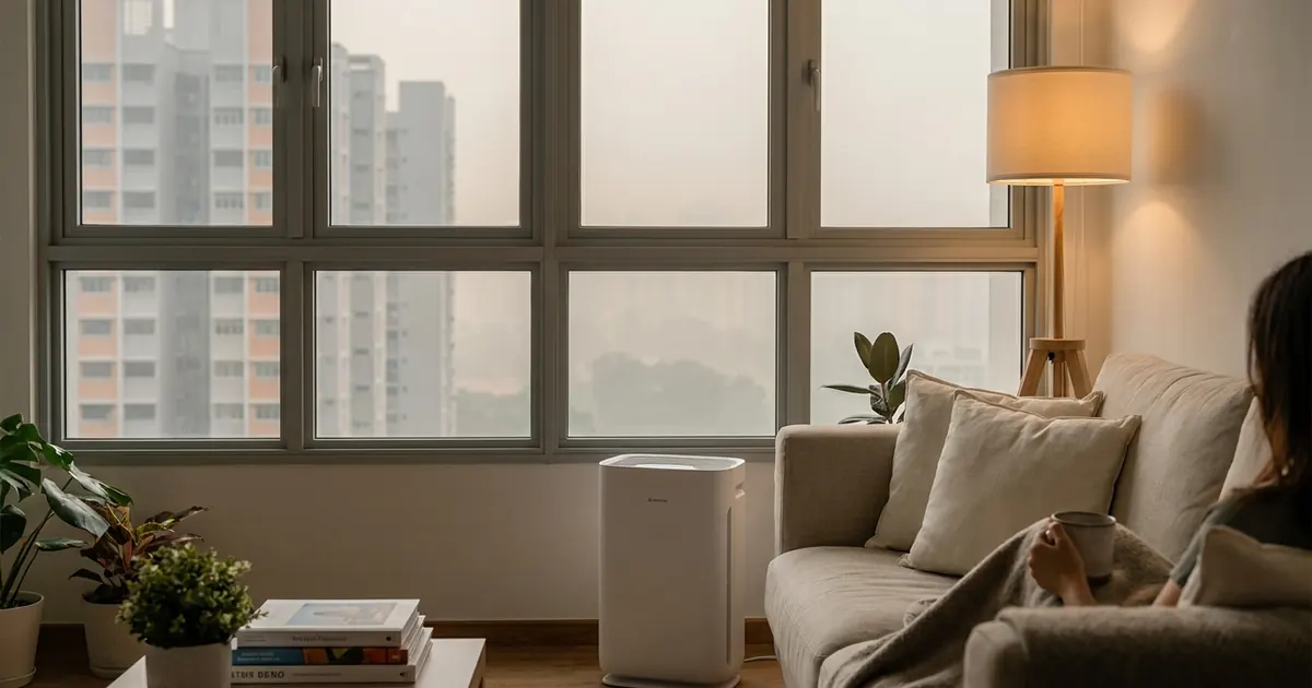 A living room with windows closed against haze outside and an air purifier running