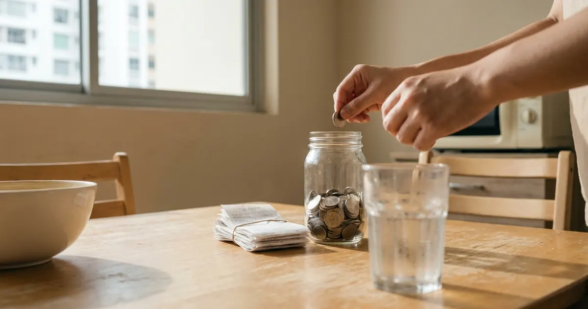 A coin jar and receipts on a kitchen table