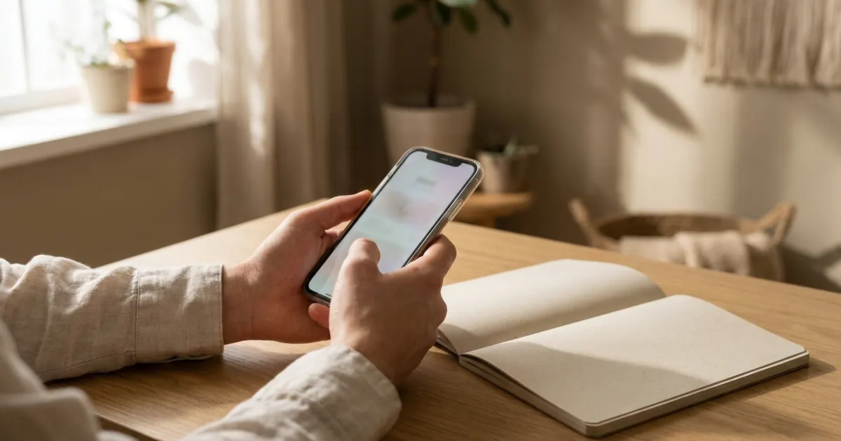 Hands holding a phone showing a payment screen, pausing before paying