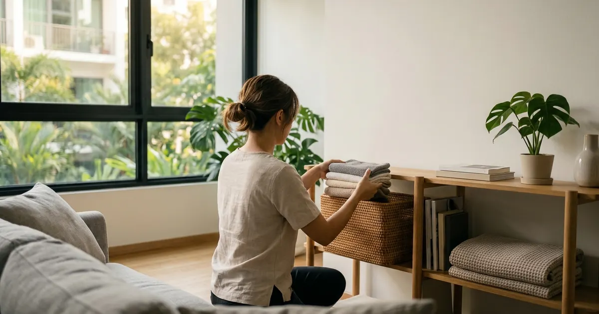 A figure from behind putting folded cloths into a basket in a tidy living room