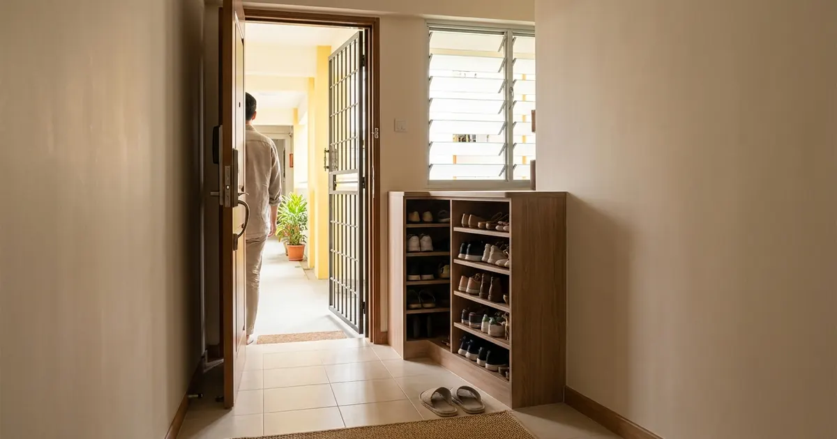 A tidy HDB flat entrance with the main door open to a bright corridor
