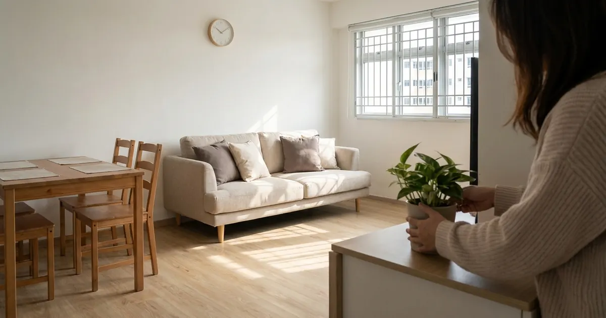 A freshly cleaned living and dining area in a Singapore HDB flat in morning light