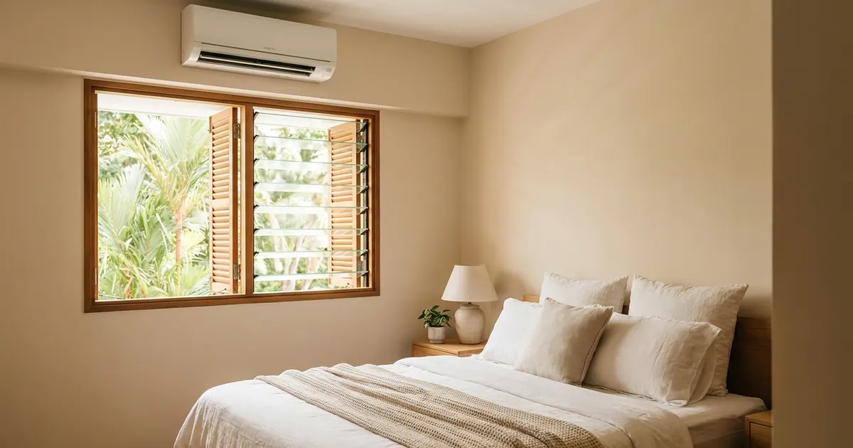 A wall-mounted split aircon unit in a bright Singapore bedroom