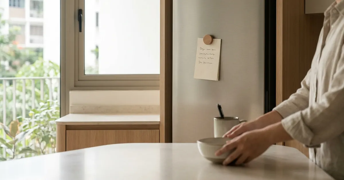 A checklist note on a fridge beside a clean kitchen counter