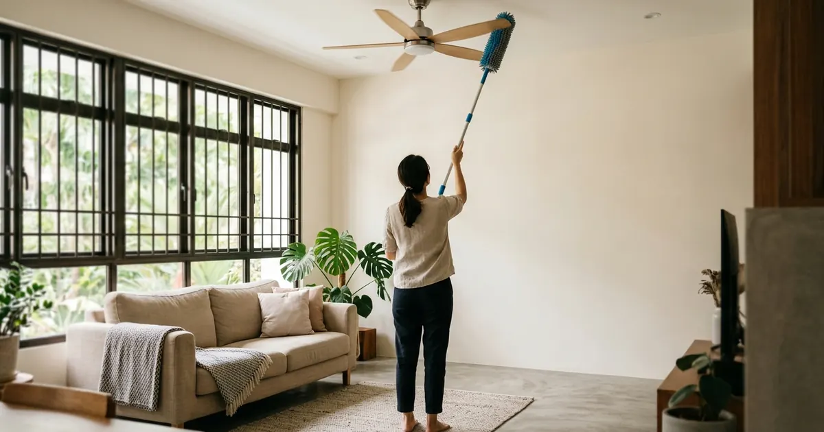 A figure from behind dusting ceiling fan blades with an extendable duster