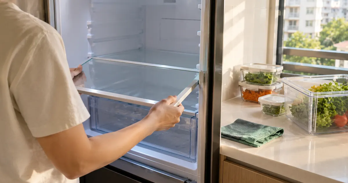 Hands lifting a glass shelf out of an open fridge, with containers on the counter