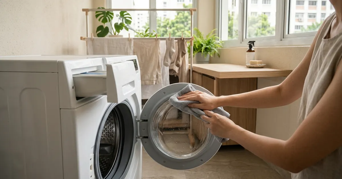 Hands wiping the rubber seal of a front-loading washing machine