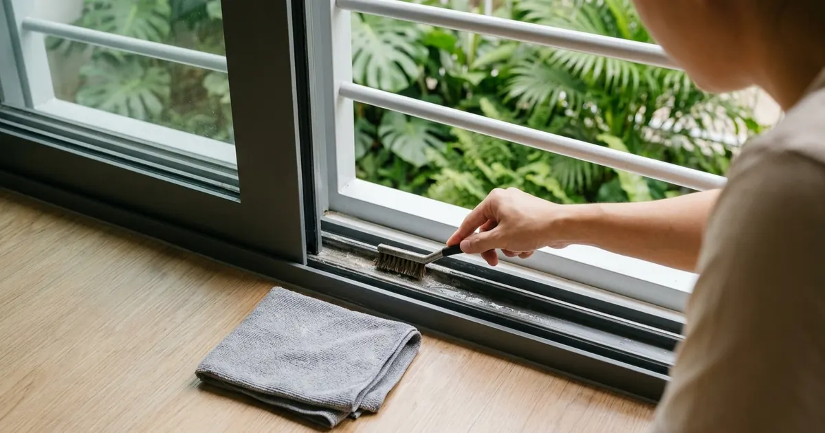 A hand scrubbing a sliding door track with a small detail brush