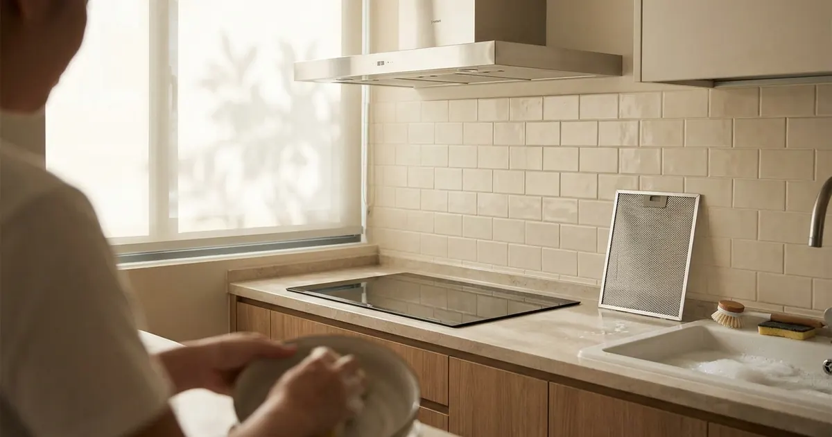 A kitchen hood filter soaking in the sink beside a clean hob