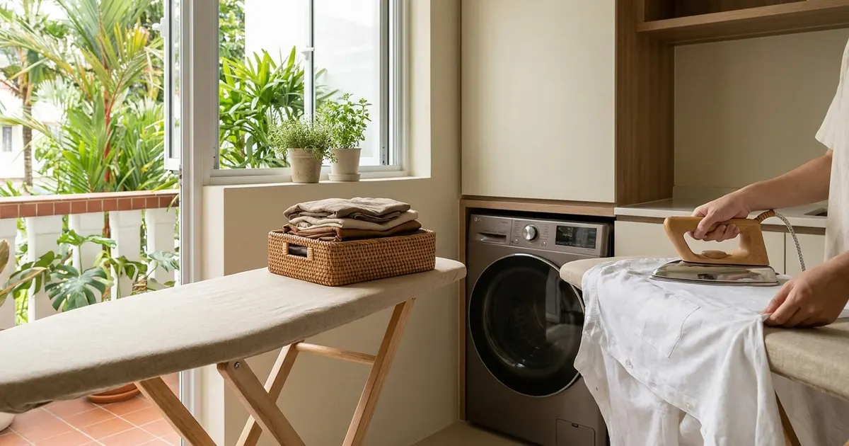 An ironing board with a pressed shirt and a basket of folded laundry