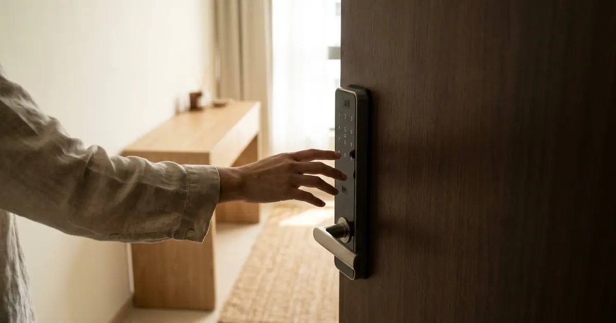 A hand at the keypad of a digital door lock on a flat's main door