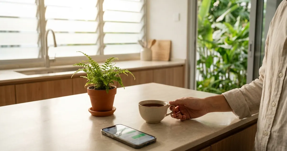 A phone with a chat open on a clean kitchen counter in the morning