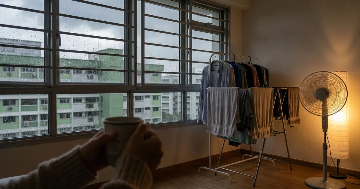 Rain on the window of a flat, with laundry drying indoors by a fan