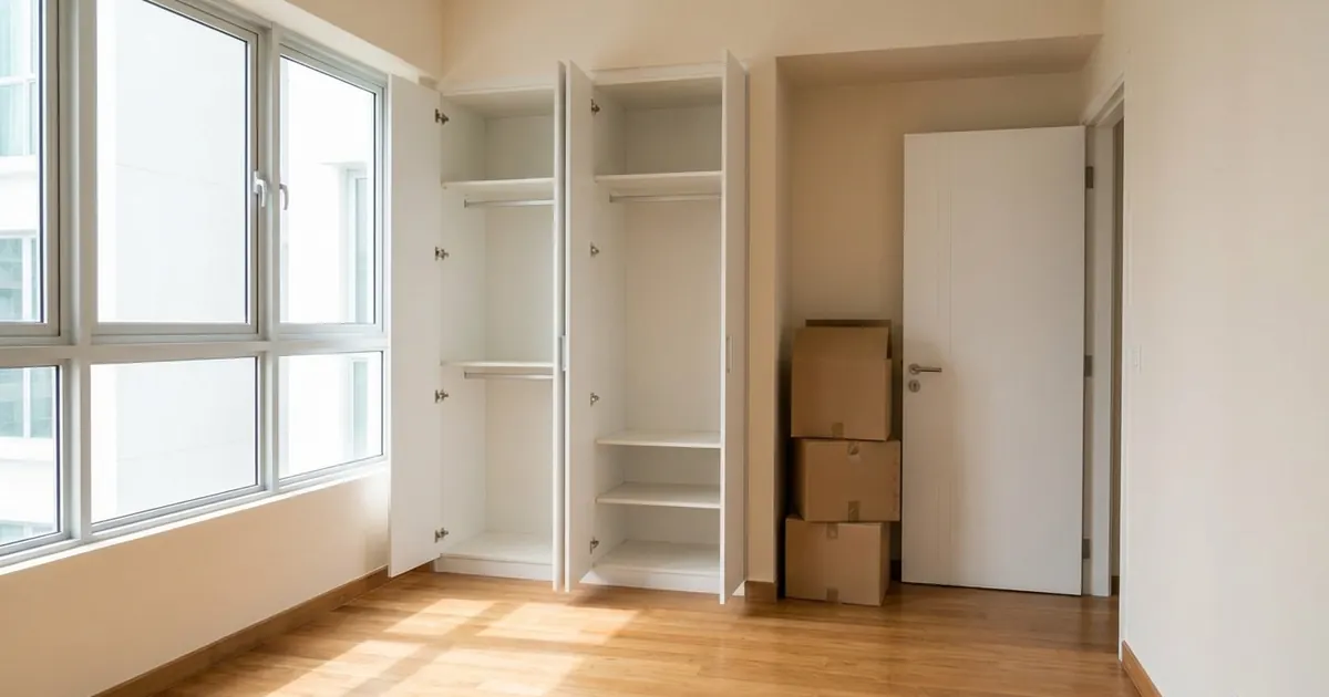 An empty, freshly cleaned rental bedroom with moving boxes by the door