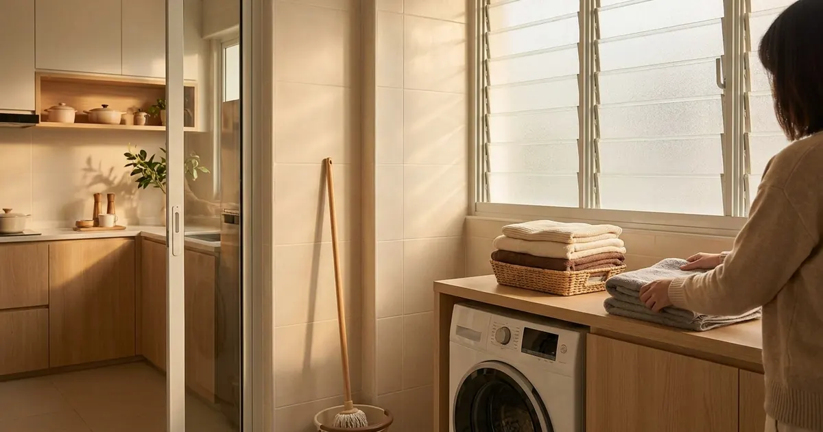 A tidy kitchen and service yard in a Singapore flat with folded laundry and a mop