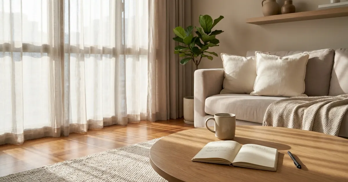A weekly planner open on a coffee table in a sunny living room