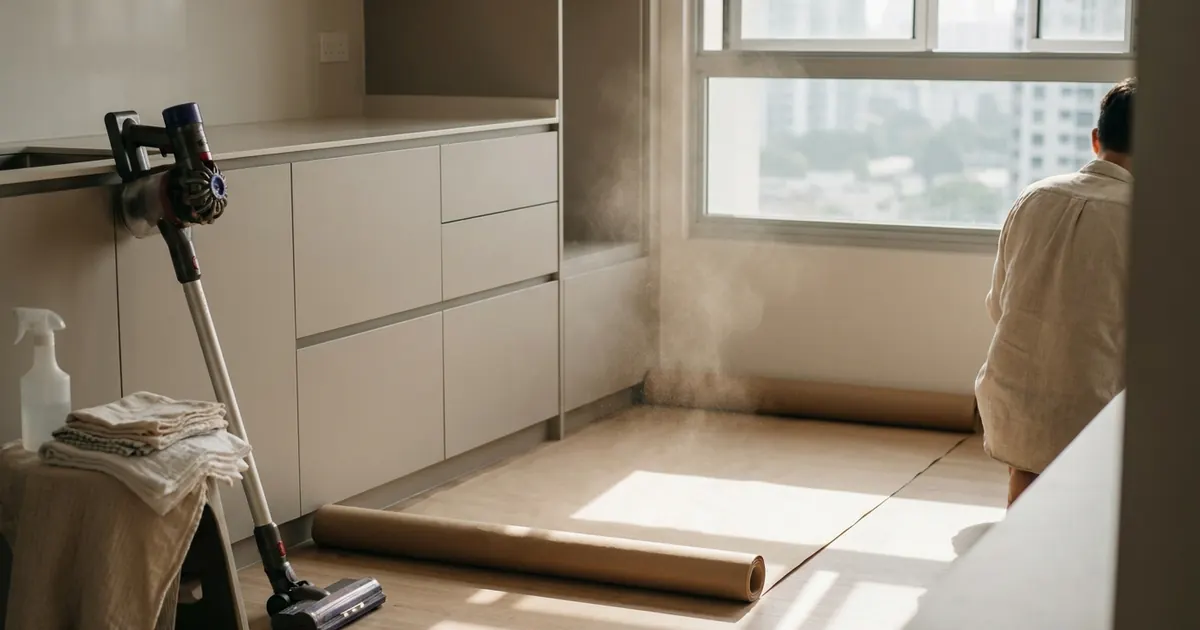 A freshly renovated flat with fine dust in a sunbeam and cleaning tools ready