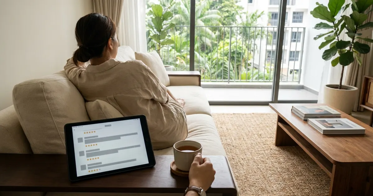 A tablet showing reviews on the arm of a sofa