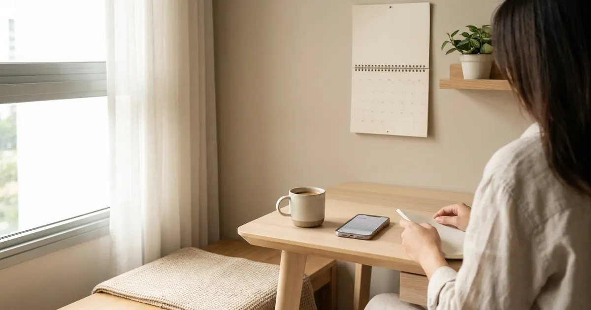 A calendar and a phone with a calendar app on a tidy desk
