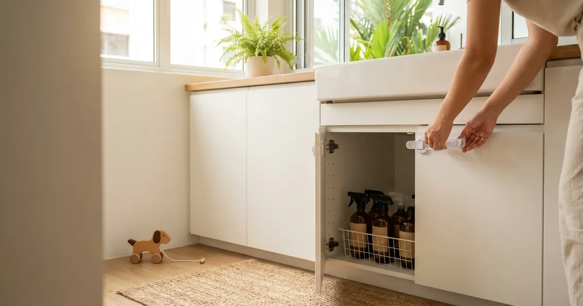 Cleaning bottles stored behind a child-locked cabinet under the sink