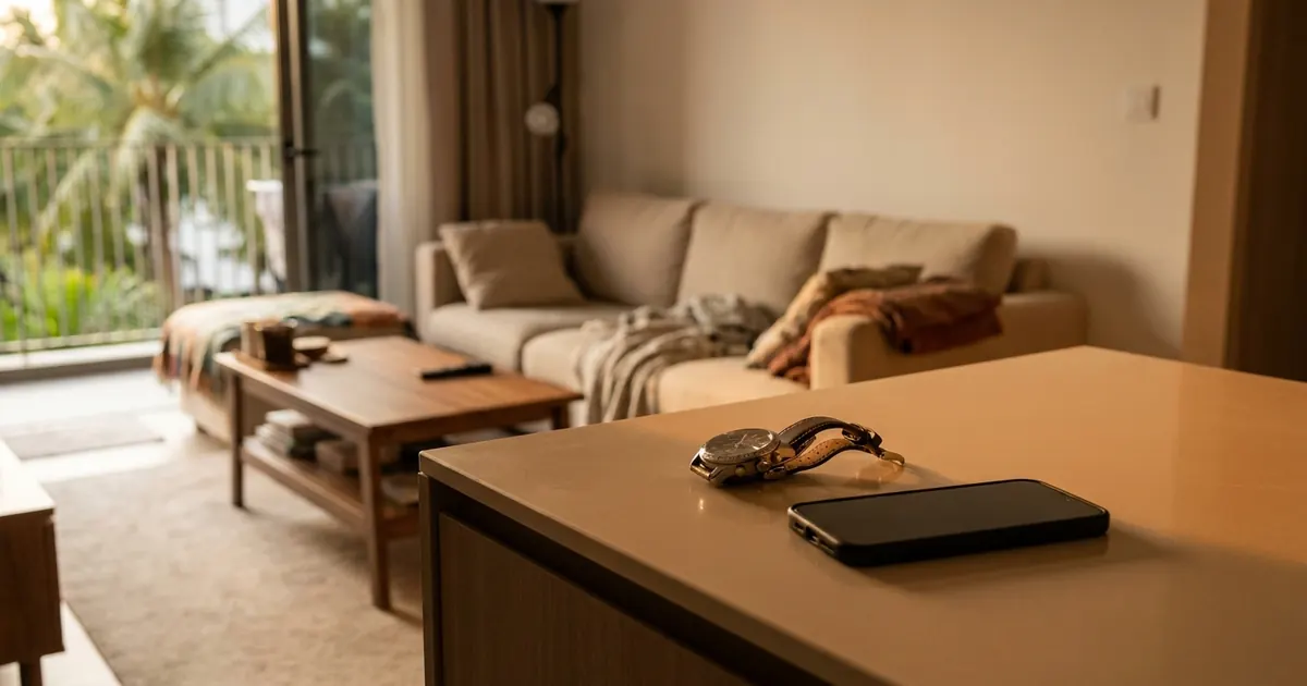 A watch and a phone on a clean counter, with a tidy room behind