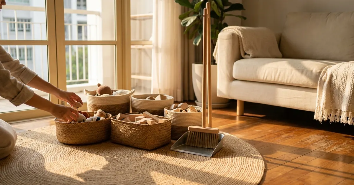 A tidy living room corner with children's toys sorted into baskets
