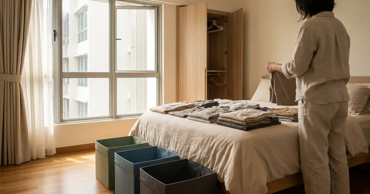 A bedroom being decluttered with sorting boxes and clothes in piles
