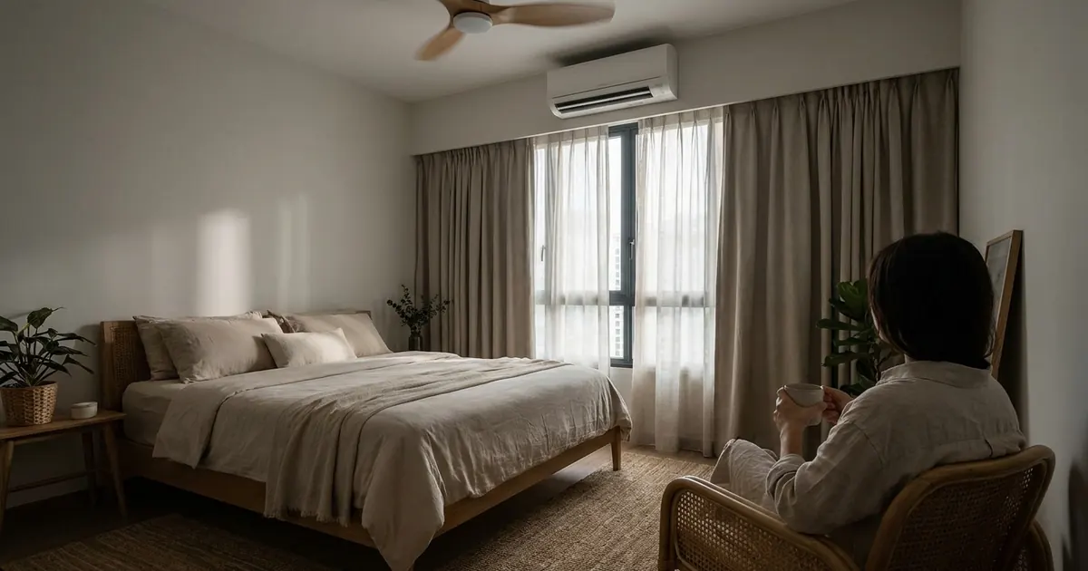 A shaded bedroom with curtains drawn, a ceiling fan and an aircon