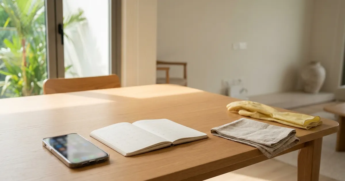 A phone and planner beside rubber gloves and a cloth on a table