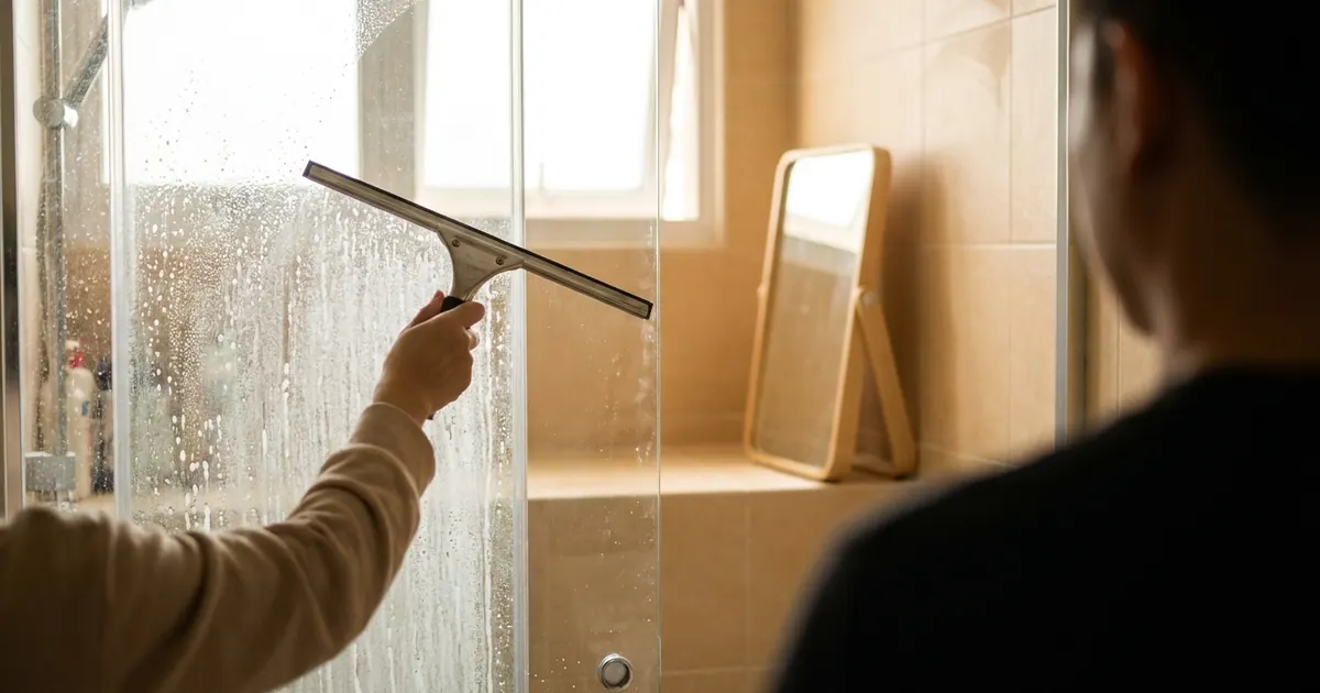 A shower screen half cleaned, showing soap scum beside clear glass