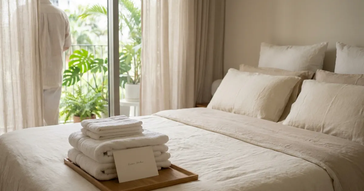 A neatly made bed with folded towels and a note card in a calm bedroom