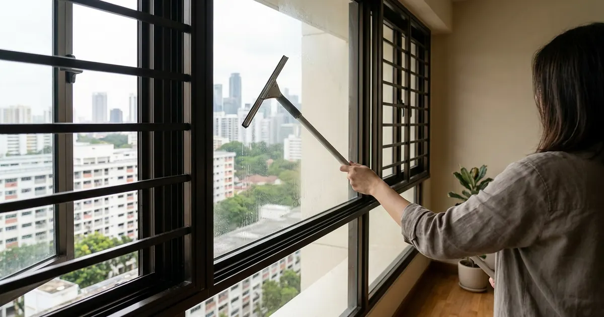 A long-handled squeegee cleaning the inside of a high-rise window behind grilles