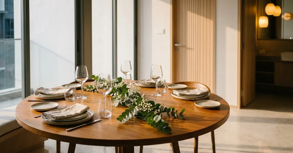 A clean dining table set for year-end guests in a condo