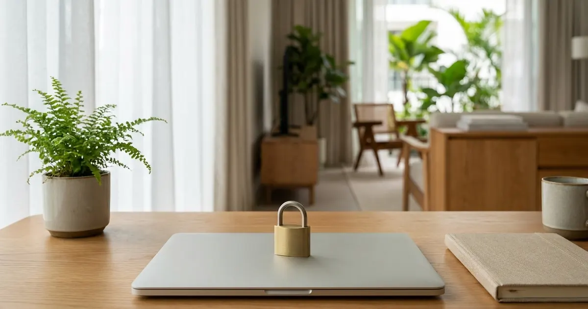 A padlock resting on a closed laptop on a tidy home desk
