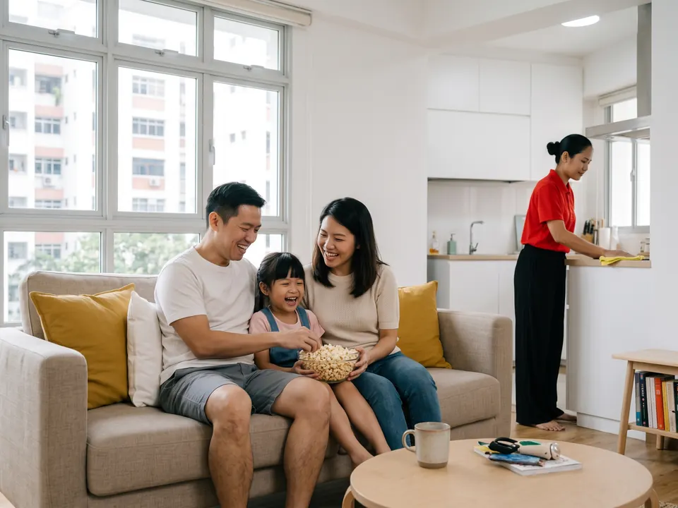 A family sharing popcorn on the sofa while an Expert wipes the kitchen counter behind them